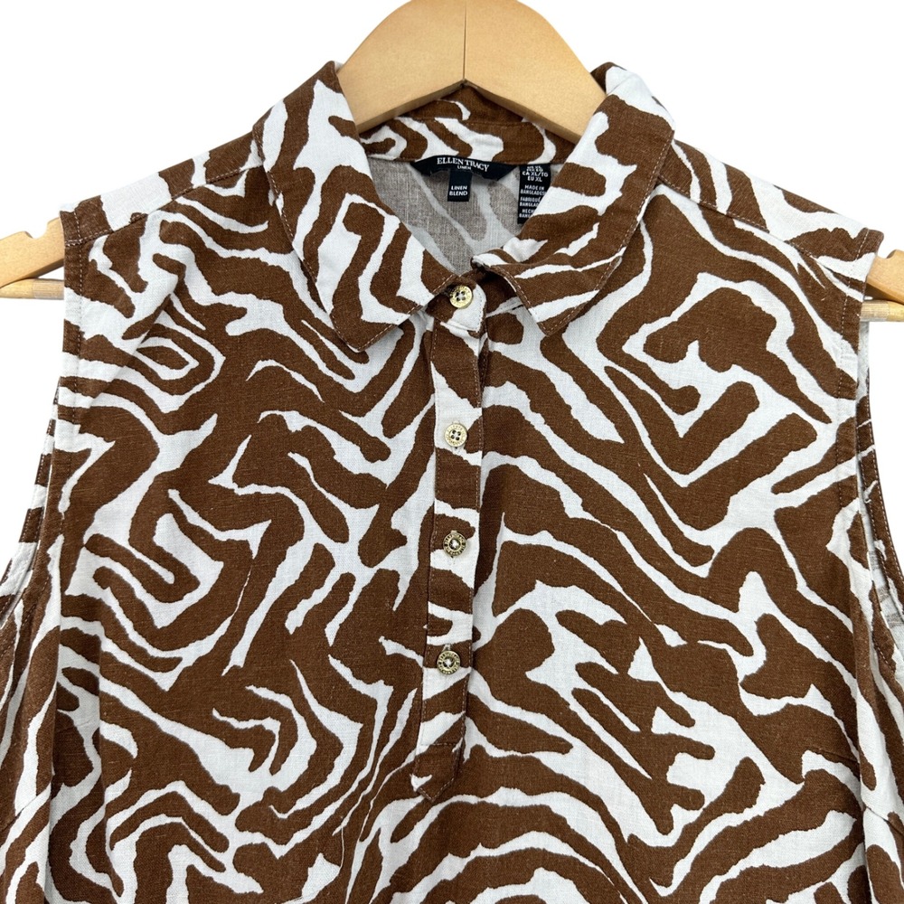 Ellen Tracy Womens XL Brown Zebra Print Linen Blend Sleeveless Shirt Mobwife